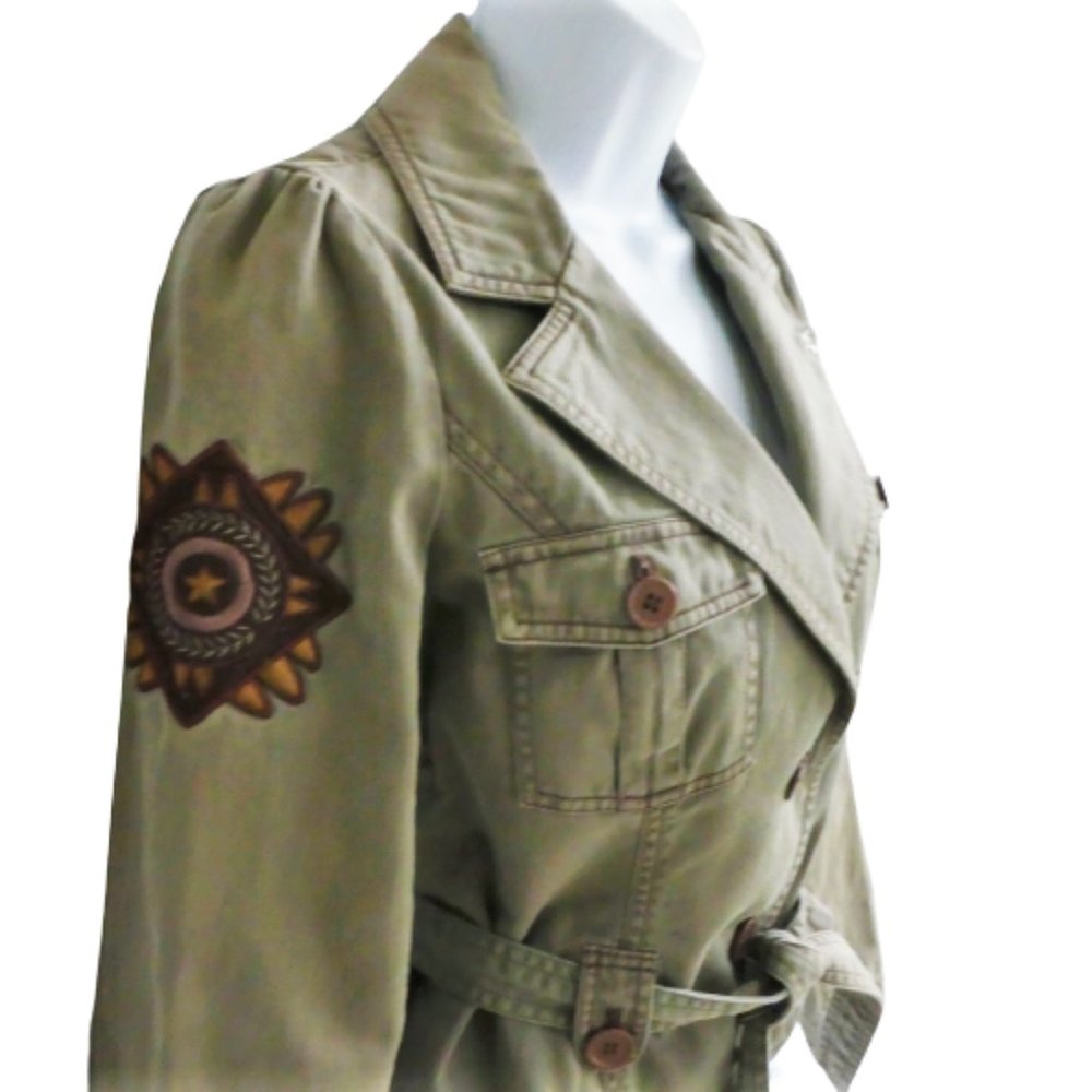 Vintage Military Khaki Jacket Cotton Belted Fitted Puff Sleeves Patches Star S - Picture 4 of 6